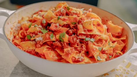 Pappardelle with Sausage Ragu Recipe | Giada De Laurentiis | Food Network Homemade Ragu, Ragu Recipes, Pappardelle Recipe, Sausage Ragu, Ragu Recipe, Light Sauce, Parmesan Rind, Pasta Roller, Ground Sausage