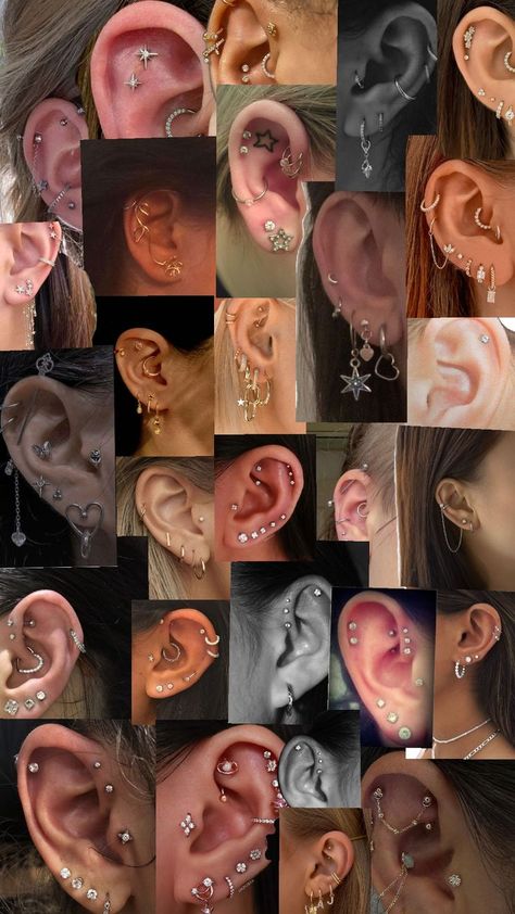 Places For Piercings, Industrial And Forward Helix Piercing, Earrings Placement Ideas, Ear Piercings Left And Right, Places To Pierce Your Ear, New Ear Piercing Ideas, Esr Piercings, 4 Earring Stack, Left And Right Ear Piercing Ideas