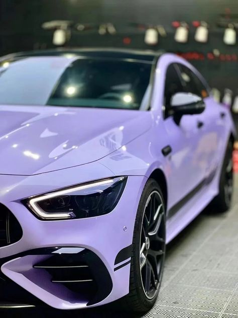 Car Wrap Mercedes, Lavender Wrapped Car, Lavender Car Wrap, Purple Wrapped Car, Purple Car Aesthetic, Pretty Car Interior, Purple Car Interior, Purple Tesla, Purple Mercedes