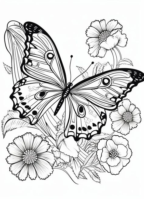 Free butterfly coloring pages - free printable - flowers and butterfly Butterfly Coloring Pages, Sunflower Coloring Pages, Bird Painting Acrylic, Butterfly Coloring, Adult Colouring Printables, Pencil Drawings Of Animals, Abstract Coloring Pages, Spring Coloring Pages, Adult Coloring Designs