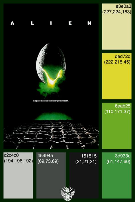 The Colors of Ridley Scott's Alien #colorpalette #nothingtofear #alien #ridleyscott #colorinspiration #colorschemes #paintcolors #colorcombos #colordesign #horrorpalette #alienpalette #horrorhaus Scifi Color Pallete, Sci Fi Color Palette, Alien Color Palette, 2nd Brain, Movie Color Palette, Alien Isolation, Alien 1979, Green Web, Colour Pallets