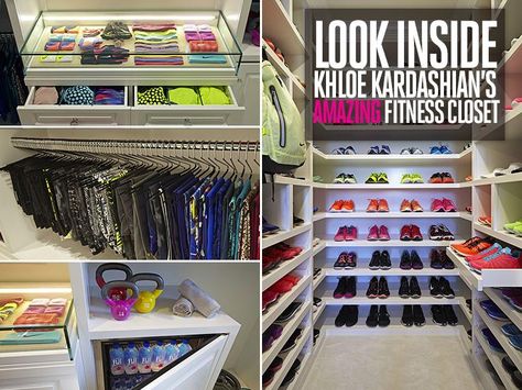 Look Inside #KhloéKardashian’s Amazing Fitness Closet Workout Clothes Closet, Organizing Gym Clothes, Closet Full Of Jordans, Gym Clothes Closet, Khloe Kardashian Closet, Khloe Kardashian Workout, Shoe Dispaly Teen Room, Gym Closet, Workout Closet