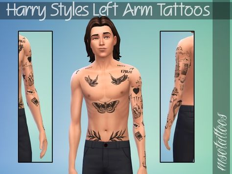 luvjake's Harry Styles' Left Arm Tattoos Louis Tomlinson Tattoos, Left Arm Tattoos, Sims 4 Tattoos, Harry Styles Gif, Harry Styles Tattoos, Harry Styles Outfit, Harry Styles Hot, Sims 4 Cc Shoes, Sims 4 Cc Makeup