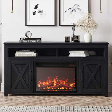 Red Barrel Studio® Conogher TV Stand for TVs up to 80" with Electric Fireplace Included | Wayfair Tv Camino, Barn Door Cabinet, Barn Door Tv Stand, Wood Entertainment Center, Media Console Table, Electric Fireplace Heater, Electric Fireplace Tv Stand, Farmhouse Fireplace, Fireplace Heater