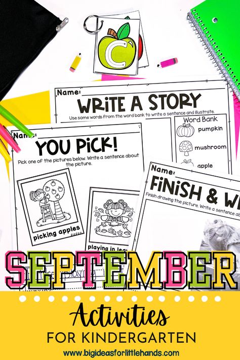 Embrace the magic of September in Kindergarten! This blog post is filled with activities to use all September long with your Kindergarten students! Great beginning of the year worksheets to use in your math centers, morning bins, early finisher tubs, and STEM bins. There are even ideas to incorporate science into you September lesson plans! Get your students excited to write with writing center prompts! These fall activities are great for back to school time! September Lesson Plans, Science Writing Activities, Writing Activities For Kindergarten, September Lessons, Stem Bins, Morning Bins, September Activities, September Themes, 2nd Grade Activities