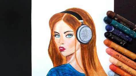 Girl wearing headphone drawing using Oil pastel Drawing Using Oil Pastel, Headphone Drawing, Pastel Drawing Tutorial, A Drawing Of A Girl, Headphones Drawing, Drawing Of A Girl, Wearing Headphone, Drawing Tutorials For Beginners, Oil Pastel Drawings