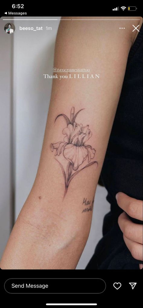 Iris by beeso_tat Iris Moon Tattoo, Siberian Iris Tattoo, Iris Forearm Tattoo, Wild Iris Tattoo, Black And White Iris Tattoo, Fine Line Iris Tattoo, Iris Flower Tattoo, Fineline Tattoos, Dutch Iris