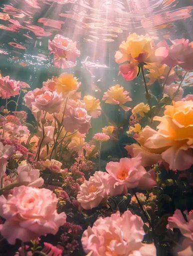 ↑↑↑ Larger size on website 🔸 A vibrant underwater garden, with delicate pink and yellow roses blooming in the sunlit water. The l 🔸 From Midjourney AI Image Flower In Water, Underwater Garden, Underwater Flowers, Wet Flowers, Silhouette Painting, Wonders Of Nature, Shimmer Lights, Wet Dreams, A Level Art