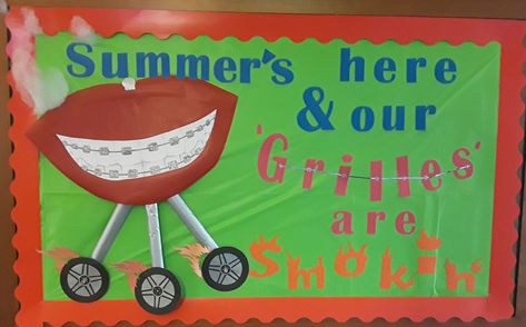 Summer bulletin board Orthodontics Bulletin Board, Dental Board Ideas, Orthodontic Bulletin Board Ideas, Dental Bulletin Board Ideas, Orthodontic Contests, Orthodontic Assistant, Office Bulletin Board Ideas, Dental Decor, Orthodontics Marketing