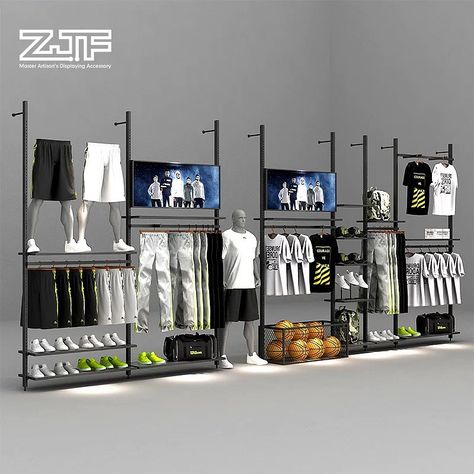 Sports clothes shoes store fixtures,unique interior designs #shoes #clothes #sports #sportsshoes #sportsclothes #interiordesign #storedesign #shoesstoredesign Small Clothing Store Interior, Retail Clothing Display, Retail Wall Displays, Gaming House, Fashion Retail Interior, Display Shelf Design, Small Reception, Golf Pro Shop, Trade Show Ideas