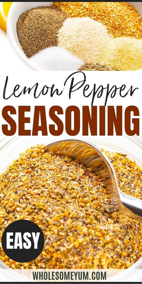 The Best Lemon Pepper Seasoning Recipe - This EASY homemade lemon pepper seasoning recipe can be made in minutes with just 6 simple ingredients. It's great on wings, seafood, and veggies. #wholesomeyum Lemon Pepper Seasoning Recipe, Chicken Seasoning Recipes, Homemade Dry Mixes, Pepper Seasoning, Dry Rub Recipes, Homemade Spice Mix, Spice Blends Recipes, Jo Cooks, Spice Mix Recipes