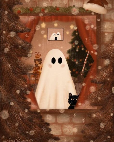 Christmas Ghosts Wallpaper, Spooky Winter Aesthetic, Ghost Christmas Wallpaper, Christmas Ghost Wallpaper, Winter Ghost, Ghost Christmas, Scary Christmas, Fall Drawings, Christmas Ghost