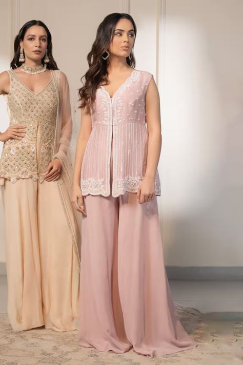 Designer Collections for Womens at Aza Fashions Jacket With Sharara, Pink Sharara Suit, Organza Sharara, Sharara For Women, White Sharara, Pearls Embroidery, Pink Colour Dress, Kurta And Sharara, Pakistani Suit