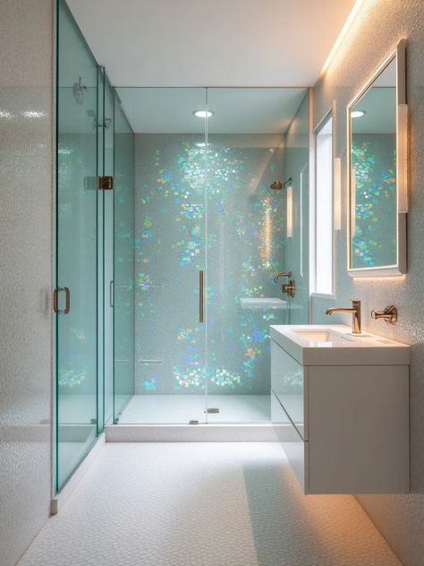 Glamorous bathroom with iridescent mosaic tiles and glass shower Glitter Shower Tile, Opal Tile Bathroom, Iridescent Shower Tile, Iridescent Bathroom Tiles, Iridescent Tile Bathroom, Iridescent Bathroom, Bathroom Tile Trends, Iridescent Mosaic, Glamorous Bathroom