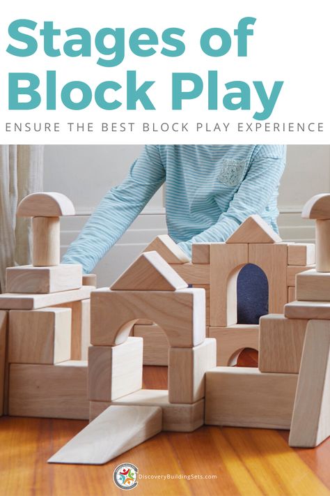 Offering the best blocks to support your child's stage of block play helps to ensure a successful building experience. As you familiarize yourself with each of the 7 stages of block play, you will help support your child.  Explore the developmental stages of block play from the carrying stage to the complex building stage. Watch them move through each stage as they grow. Have some fun, and encourage your kid's imagination through block play.  #stagesofblockplay #discoverybuildingsets Unit Block Building Ideas, Block Building Ideas, Block Play Area, Building Blocks Ideas, Cognitive Development Activities, Complex Building, Blocks Preschool, Blocks For Toddlers, Block Building