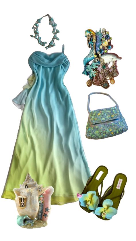 Outfit inspo, mermaidcore, princess, blue and yellow outfit palette, mermaid aesthetic, princess aesthetic Mermaid Theme Outfit, Mermaidcore Outfit, Outfit Palette, Blue And Yellow Outfit, Mermaid Core Aesthetic, Mermaidcore Aesthetic, Water Princess, Beach Core, Aesthetic Princess