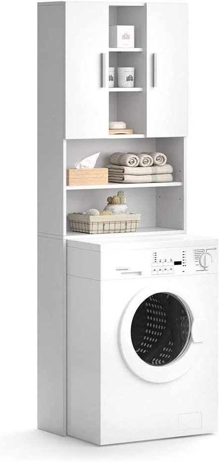 Washing Machine Cabinet, Tall Cupboard, Industrial Bathroom Design, Small Utility Room, Small Washing Machine, Mens Bedroom Decor, Bathroom Shelving, Space Saving Bathroom, Washing Machine Cover