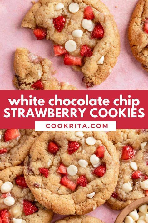 These easy strawberry cookies are made with real strawberries and creamy white chocolate chips - a delicious and pretty treat to make for Valentine's day or to take advantage of strawberry season! Strawberry Cookies With Fresh Strawberries, White Chocolate Strawberry Cookies, Strawberry White Chocolate Chip Cookies, Chocolate Chip Deserts, White Choc Chip Cookies, Strawberry Cookie Recipe, Healthy Chocolate Cookies, Valentines 2024, Strawberry White Chocolate