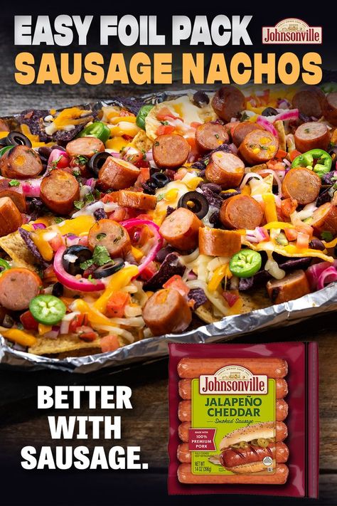 Foil Pack Sausage Nachos Johnsonville Jalapeno Cheddar Sausage Recipes, Cheddar Jalapeno Sausage Recipe, Johnsonville Sausage Recipes, Grilled Snacks, Campfire Meals, Nacho Toppings, Foil Pack Meals, Foil Dinners, Foil Packet Meals