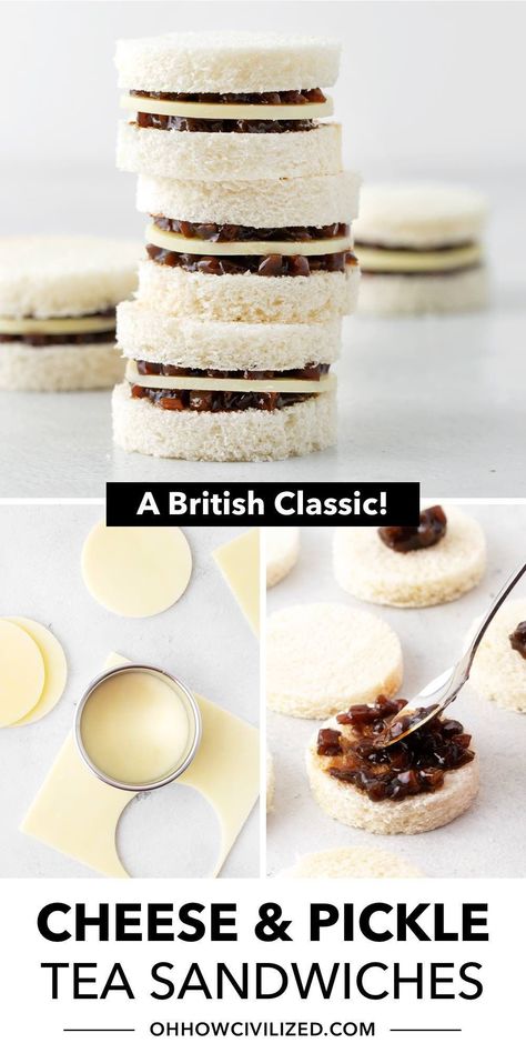 A classic, British cheese and pickle tea sandwiches can be made in minutes using just 3 ingredients. These 2-bite sandwiches are perfectly sweet, tangy, and salty. #cheeseandpicklesandwich #teasandwiches #afternoontea #fingersandwiches #appetizers #britishfood Victorian Tea Sandwiches, Gluten Free Tea Sandwiches, Strawberry Tea Sandwiches, Cheese And Onion Sandwich, Cheese And Pickle Sandwich, English Tea Sandwiches, High Tea Sandwiches, Ibs Friendly Food, Bridgerton Party