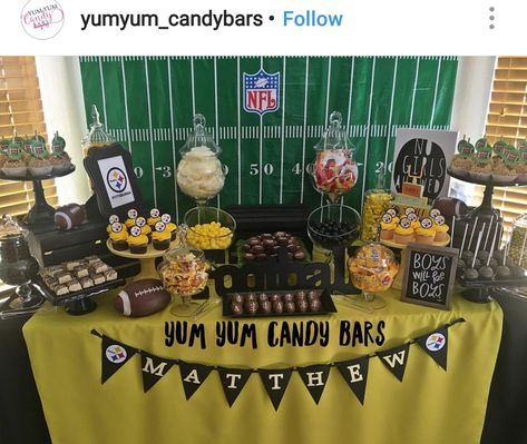 Pittsburgh Steelers Theme Dessert table and Decor Football Party Dessert Table, Pittsburgh Steelers Party Ideas, Steelers Themed Birthday Party, Steelers Party Ideas, Steelers Birthday Party Ideas, Pittsburgh Themed Party, Steelers Cupcakes, Football Party Desserts, Steelers Party