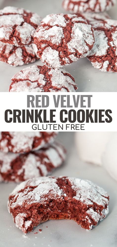 Red Velvet Cookies Gluten Free, Gf Valentines Desserts, Gluten Free Cake Cookies, Gluten Free Red Velvet Cookies, Holiday Cookies Gluten Free, Gluten Free Valentines Day Desserts, Gluten Free Valentines Day Treats, Easy Gluten Free Christmas Cookies, Gluten Free Crinkle Cookies