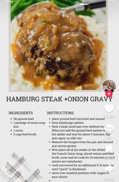 Hamburger Steak With Onion Gravy, Hamburg Steak, Aldi Recipes, Gravy Ingredients, Hamburger Steak, Onion Gravy, Salisbury Steak, Hamburger Patties, Beef Patty