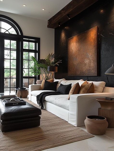 Moody Living Room, Dark Living Rooms, Black Interior Design, Viborg, Black Living Room, Design Salon, Brown Living Room, Bedroom Refresh, Decor Home Living Room