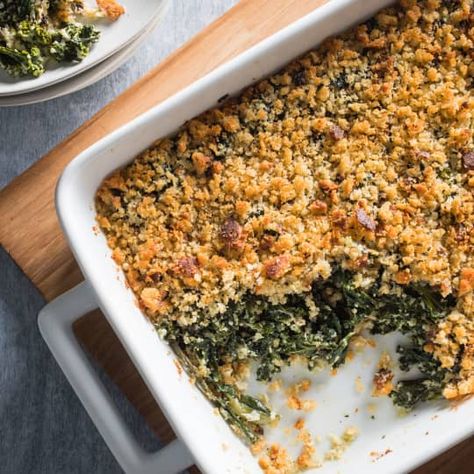 Swiss Chard and Kale Gratin | Cook's Illustrated Kale Gratin, Crisp Topping, Creamed Kale, Donut Toppings, America's Test Kitchen Recipes, Holiday Side, America's Test Kitchen, Cooks Illustrated, Garlic Recipes