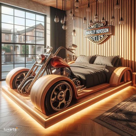 Harley Davidson Inspired Bed 🏍️🛏️🔥 #HarleyBed #BikerSlumber #RebelRest Rev up your bedroom decor with the Harley Davidson Inspired Bed. Embodying the spirit of the open road, this bed features sleek lines and rugged details reminiscent of a classic Harley Davidson motorcycle. Elevate your sleep experience with the Harley Davidson Inspired Bed, where every night feels like a journey into the wild. 🌌🏍️💤 https://luxarts.net/harley-davidson-inspired-bed/ Original Beds, Classic Harley Davidson, Bedroom Decor Design, American Icons, Harley Davidson Motorcycle, Into The Wild, Diy Crafts For Home Decor, Frame Crafts, Open Road