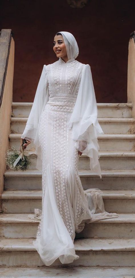 Bride Dresses For Hijab, Engaged Dress Hijab, Engagement Hijabi Dresses, Soiree Dress 2024, Katb Ketab Dresses Hijab, Simple White Dress Hijab, Simple Dresses For Engagement Party, Simple Engagement Dress Hijab, Simple Hijab Wedding Dress