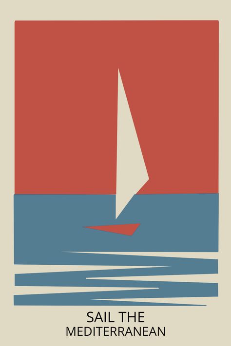 Mediterranean Poster Design, Sailboat Graphic Design, Vintage Sailing Poster, Sailing Poster Design, Boat Poster Design, Vintage Minimalist Design, Sailing Graphic Design, Travel Poster Design Ideas, Mediterranean Graphic Design