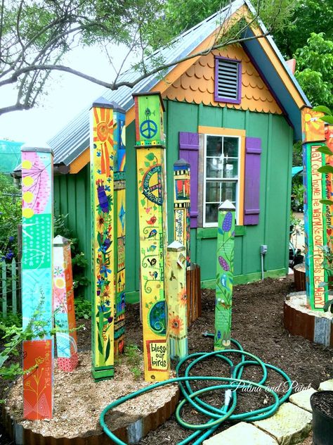 Painted Shed, Peace Pole, Garden Totem, Patina Paint, Art Pole, Garden Totems, Garden Poles, Garden Posts, Shed Design