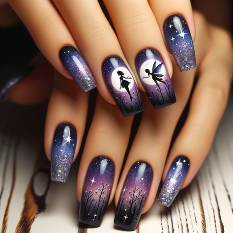 Fun Art Nails, Matte Magnetic Nails, Love Nails Design, Goth Short Nails, Purple Witchy Nails, Fairy Inspired Nails, Mushroom Nail Designs, Nails Design For Short Nails, Fairytale Nails