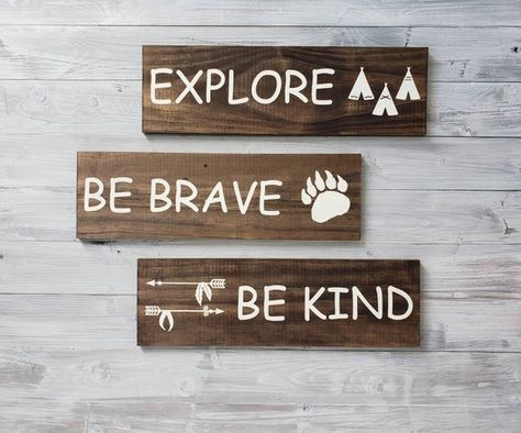 Be Brave, Explore, Be Kind Set of 3 Wood Nursery Signs Nursery Ideas Boy, Adventure Nursery, Baby Boy Room Nursery, Baby Room Design, Nursery Baby Room, Woodland Theme, Woodland Nursery Decor, Nursery Inspiration, Be Brave