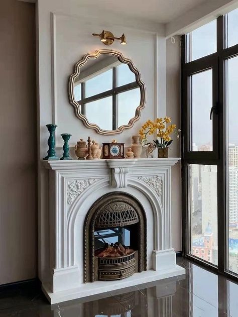 Marble fireplace, with extraordinary taste, it's simple but romantic. Marble not only has a good decorative effect and meets various styles, but also its material is less susceptible to damage than other materials.If you want a fireplace,choose a marble fireplace!#marble#white marble#marble fireplace#stone fireplace#fireplace mantels #corner fireplaces#fireplace ideas#fireplace decor ideas#design inspiration#interior design#home decor#modern design Living Room Victorian House, Victorian Fireplace Mantels, Living Room Victorian, Curved Fireplace, Corner Fireplaces, Fireplace Marble, Fireplace Decor Ideas, Inspiration Interior Design, Fireplace Stone