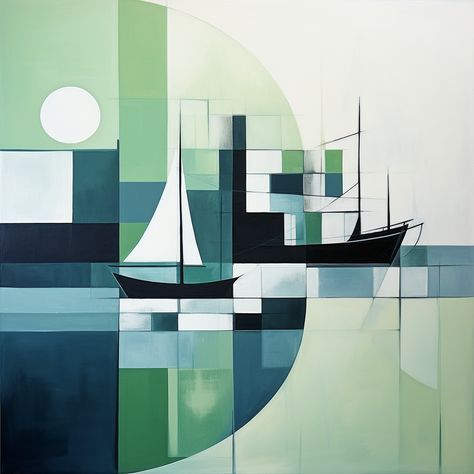 Capture the serene essence of a Scottish harbour distilled into a symphony of geometric abstraction with this exquisite art print. This piece is resplendent with a refreshing palette of crisp whites, deep blues, and soothing greens, evoking the tranquil atmosphere of Scotland's coastal waters. The artwork showcases two sailboats, their sails standing proud and distinguished in stark white against the overlaid patterns. Distinctive lines and blocks of colour break down the nautical scene into... Modern Nautical Decor, Minimal Art Painting, Contemporary Art Forms, Scottish Painting, Painting Geometric, Boat Illustration, Nautical Colors, Minimalism Painting, Sailing Art