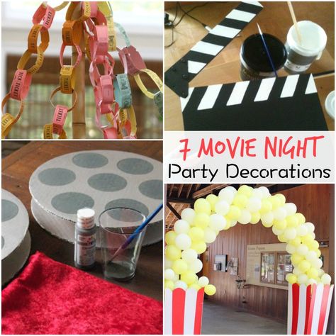 7 Movie Night Party Decorations Movie Night Fundraiser, Night Party Decorations, Mama Movie, Movie Night Party Decorations, Movie Theatre Birthday Party, Movie Theater Party, Birthday Movie Night, Outdoor Movie Party, Movie Theme Birthday Party