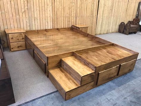 Bed Extension For Dog, Cool Bed Frame, Dog Bed Extension, Wooden King Bed, Cool Bed Frames, Stairs Storage Drawers, Built In Dog Bed, Cool Bed, Wooden King Size Bed