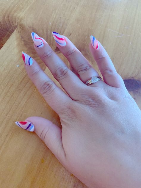 Red White And Blue Graduation Nails, Pastel Red White And Blue Nails, Red And Blue Almond Nails, Red White And Blue Swirl Nails, Red White Blue French Nails, Blue White Red Nails, Red White And Blue Acrylic Nails, Blue Red And White Nails, Simple Red White Blue Nails