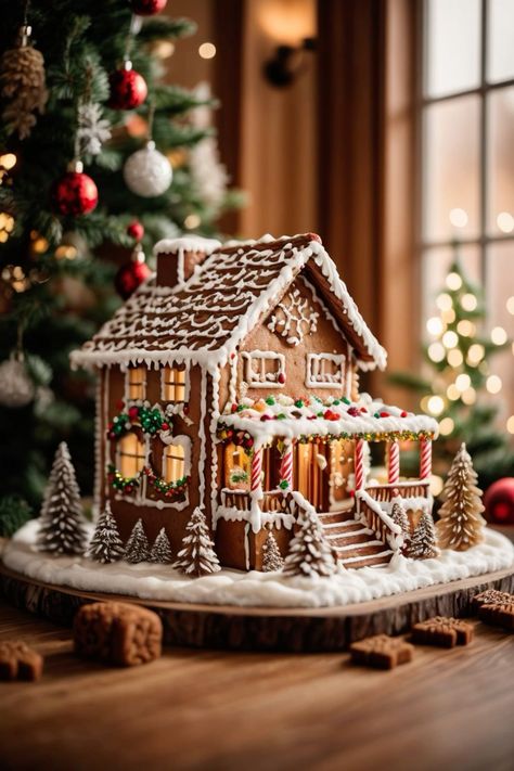 Gingerbread House Photography, Rustic Gingerbread House, Gingerbread House Trees, Ginger Bread House Inspired, Gingerbread House Creative, Ginger House Christmas, Red Gingerbread House, Aesthetic Gingerbread House, Gingerbread House Inspiration