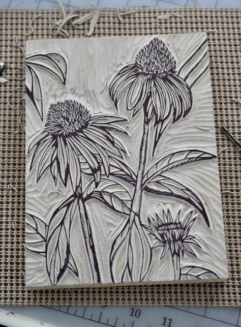 Lino Flowers, Floral Linocut, Botanical Linocut, Linoleum Print Ideas, Linocut Prints Ideas Simple, Flower Lino Print, Linoprint Ideas, Lino Print Ideas, Lino Cut Art