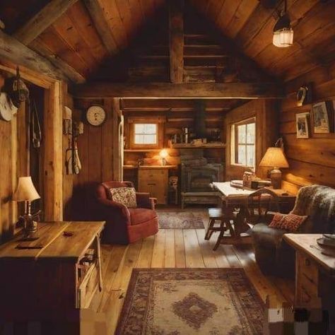 Log Cabin Aesthetic Living Room, 70s Cabin Decor, Old Cottage Interior Rustic, Tiny House Log Cabin, Cabincore Decor, Cute Cabin Interior, Log Cabin Aesthetic, Old Cabin Interior, 70s Cabin