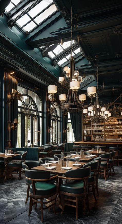 Dark Restaurant Interior, Classical Restaurant, Tasting Room Design, Greenhouse Restaurant, Bistro Cafe Design, French Brasserie, Bar And Lounge, Restaurant Bar Design, Business Looks