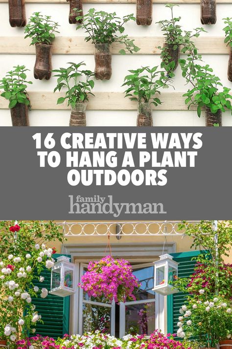 16 Creative Ways to Hang a Plant Outdoors Hanging House Plants Ideas, Hanging Plants Fence, Outdoor Hanging Plants Ideas, Diy Hanging Planter Outdoor Front Porches Plant Hangers, Hanging Plants On Wall Outdoor, Hanging Plants Outdoor Fence, Outdoor Plant Hanging Ideas, Hanging Plants Outdoor Ideas, Hanging Fence Planters Ideas