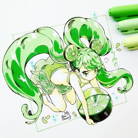 Ibu, Ivui, Eevee🌠🌠🌌 on Instagram: “[ Lime cookie ] #cookierun . . Un fan art de Lime cookie y que seguramente se llevaría bien con Lemoni(?) #cookierunfanart #limecookie” Lime Girl, Lime Cookies, Dibujos Anime Chibi, Copic Art, Marker Drawing, Cookie Run, Beautiful Drawings, Kawaii Drawings, Marker Art