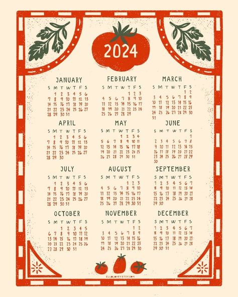 2024 Full Year Calendar, Cute Calendar Template 2024, Yearly Calendar Design, Wall Calendar Aesthetic, Cute Calendar Design, Fridge Paper, Calander Ideas, Etsy Calendar, Calendar Illustrations