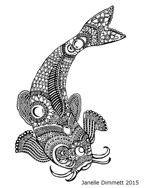 Koi Fish 1 by Janelle-Dimmett Mandala Koi Fish Tattoo, Stilasi Fauna, Zentangle Fish Designs, Koi Fish Pattern Design, Zentangle Fish, Koi Fish Zentangle, Karp Koi, Koi Painting, Sea Artwork