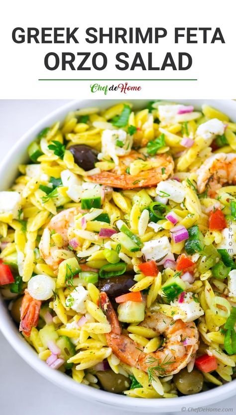 Greek Orzo Pasta Salad with Grilled Shrimp Recipe | ChefDeHome.com Shrimp Orzo Pasta, Salad With Grilled Shrimp, Greek Orzo Pasta Salad, Greek Orzo Pasta, Croissants Breakfast, Orzo Salat, Salad Taco, Shrimp Orzo, Greek Orzo