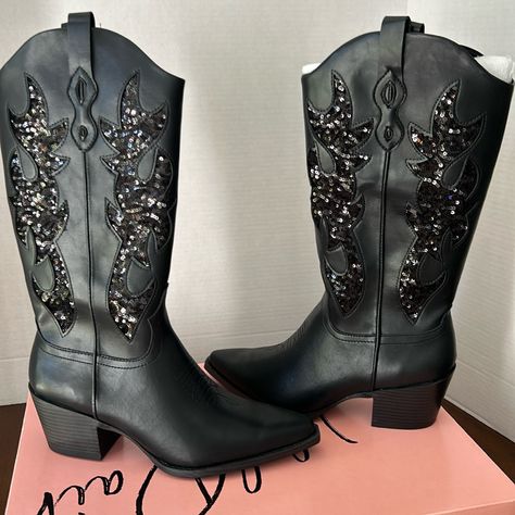 Black Cowboy Boots, Black Cowboy, Top Fabric, Stitch Design, Shoes Heels Boots, Cowboy Boots, Side Zipper, Shoes Women Heels, Heeled Boots